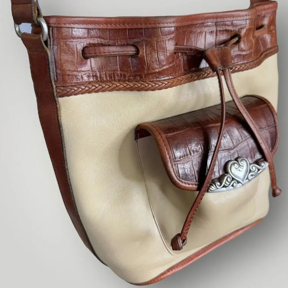 Brighton Vintage Leather Cross Body Shoulder Bucket Bag Cream Brown Drawstring - Picture 5 of 16